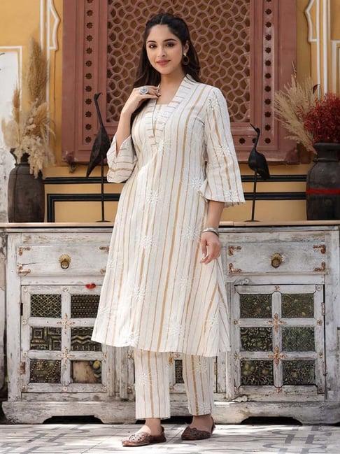 everbloom beige raina yarn dyed embroidered kurta with pant set