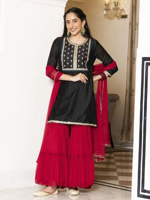 everbloom black & red zaina embroidered kurta with sharara & dupatta