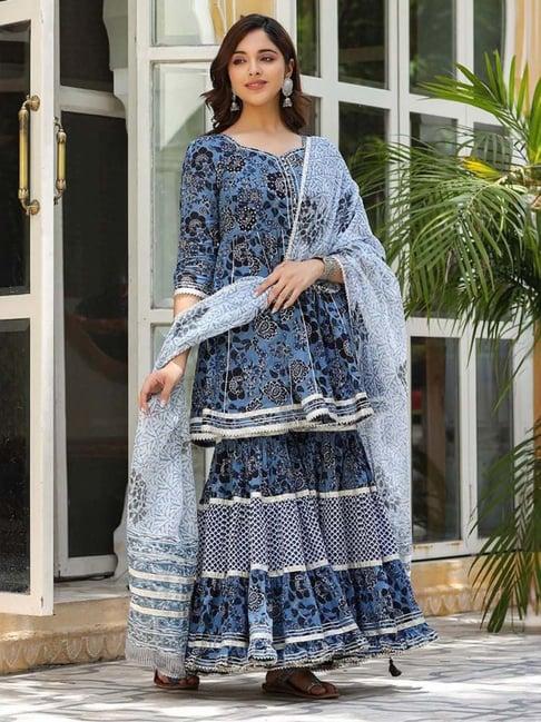 everbloom blue amreen printed flared kurti with sharara & dupatta