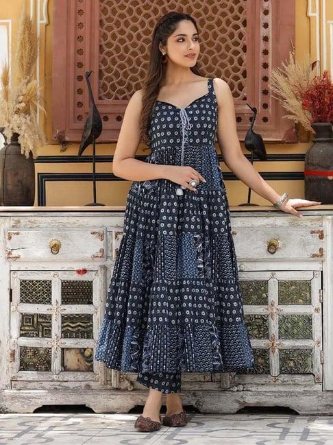 everbloom blue anika printed flared kurta with pant