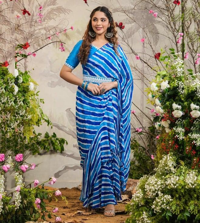 everbloom blue dia lehariya pre-draped saree with belt