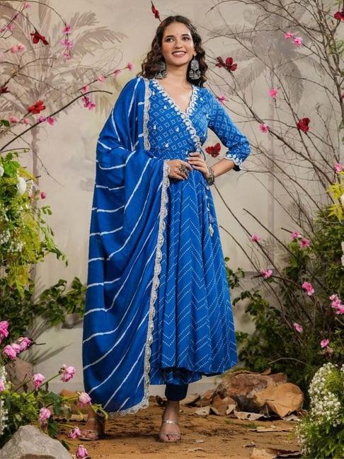 everbloom blue kashika bandhej angrkha kurti with pant & dupatta