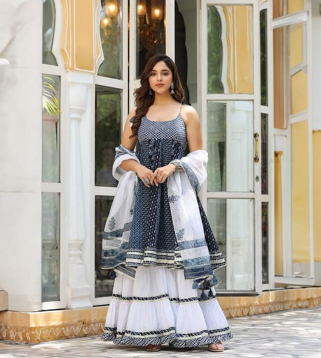 everbloom blue livie printed sleeveless flared kurti with sharara & dupatta