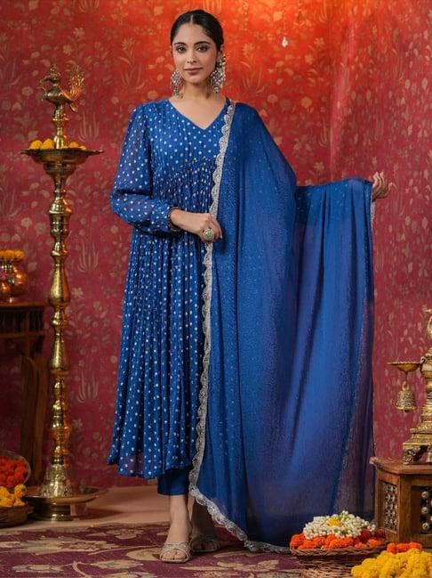 everbloom blue manya lurex flared kurta with pant & dupatta