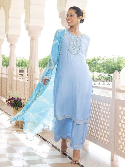 everbloom blue naazneen embroidered straight kurta with pant & dupatta