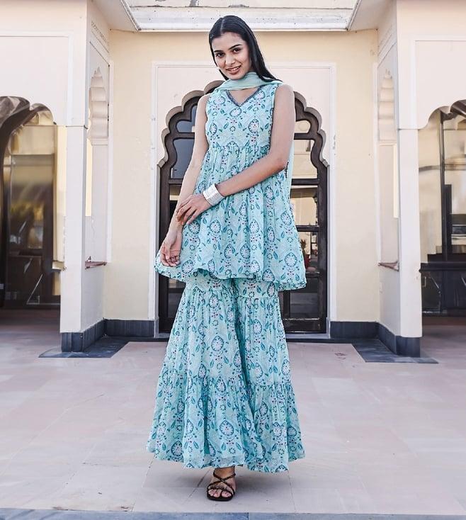 everbloom blue ruhaani printed sleeveless sequins flared kurta with sharara & dupatta