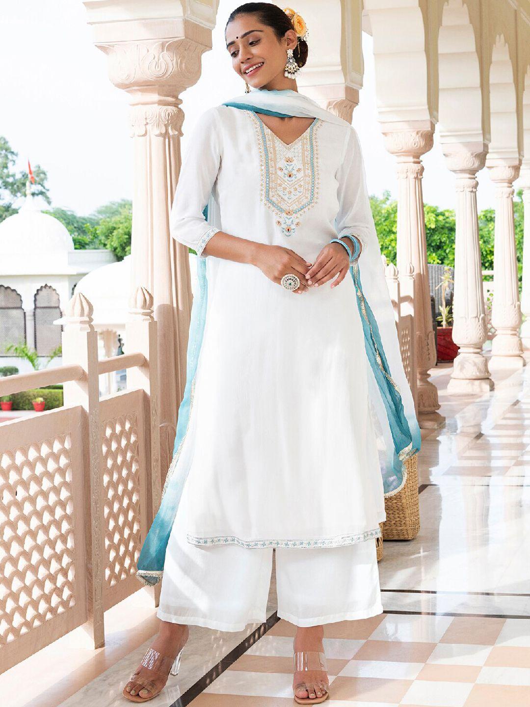 everbloom ethnic motifs embroidered liva kurta with palazzos & dupatta