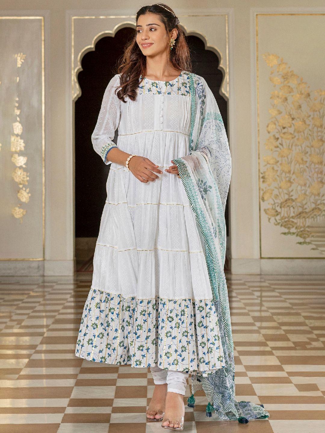 everbloom ethnic self design tiered dobby pure cotton kurta with churidar &  dupatta