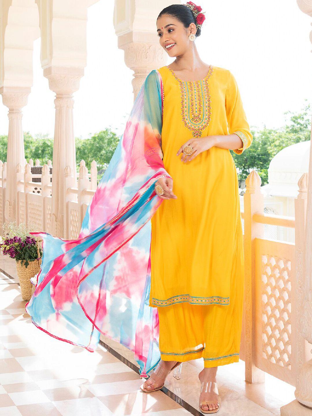 everbloom floral embroidered liva kurta with palazzos & dupatta