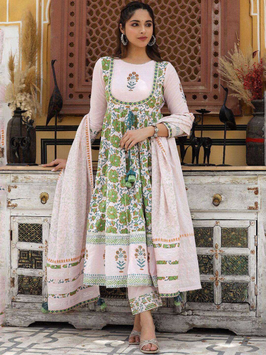 everbloom floral printed anarkali sequinned pure cotton kurta with trousers & dupatta