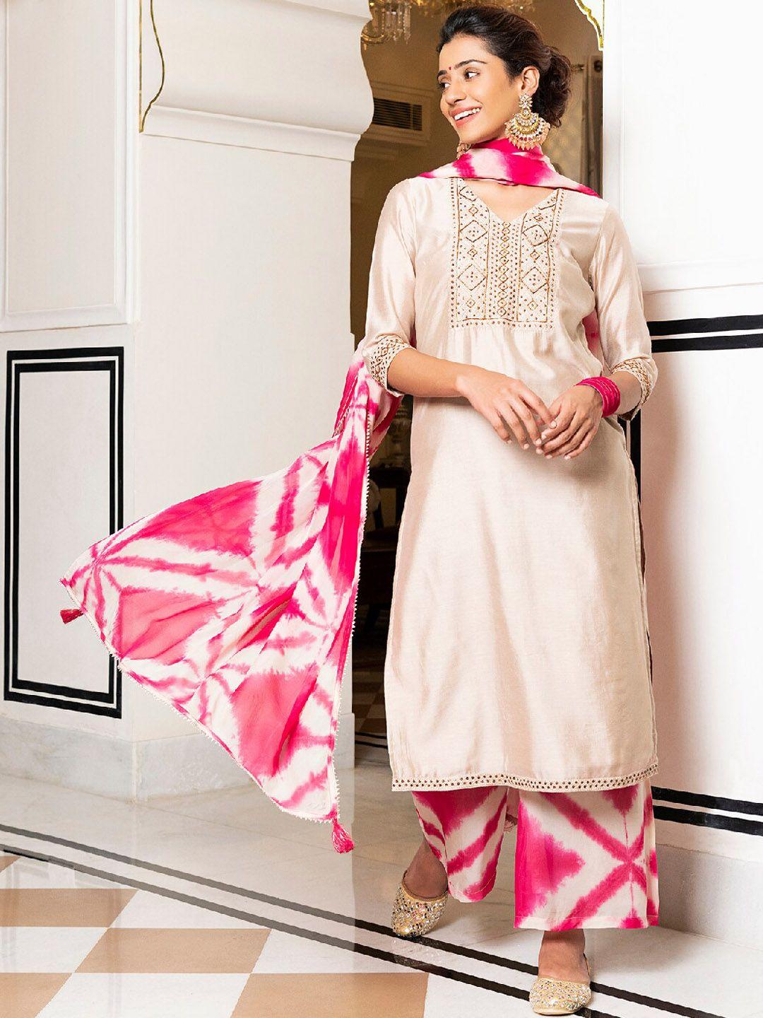 everbloom geometric embroidered sequined chanderi silk kurta with palazzos & dupatta