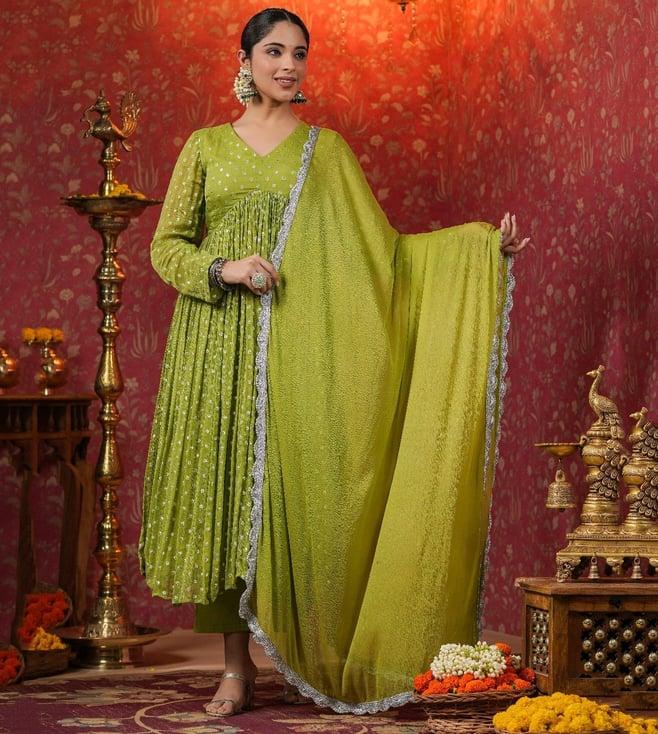 everbloom green hina lurex flared kurta with pant & dupatta