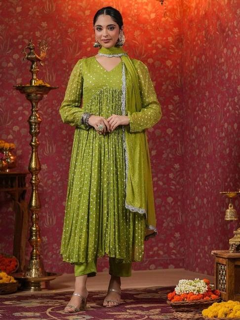 everbloom green hina lurex flared kurta with pant & dupatta