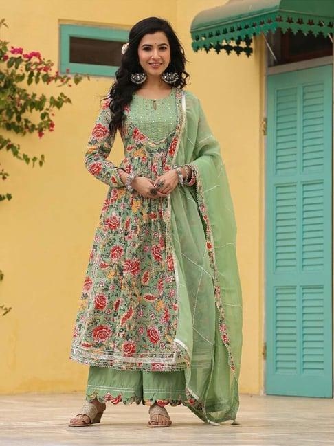 everbloom green iris anarkali floral printed gathered suit set with palazzo and dupatta