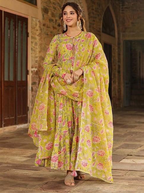 everbloom green rida tired long floral printed kurta suit set with plazzo and dupatta