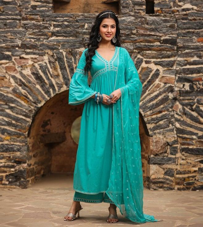 everbloom green rooh high slit gathered gota lace kurta with wide leg pant and dupatta