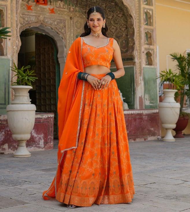 everbloom kesar orange jashn silk jacquard printed lehenga set