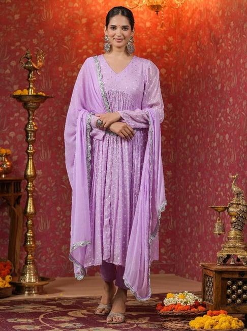 everbloom lavender mahira lurex flared kurta with pant & dupatta