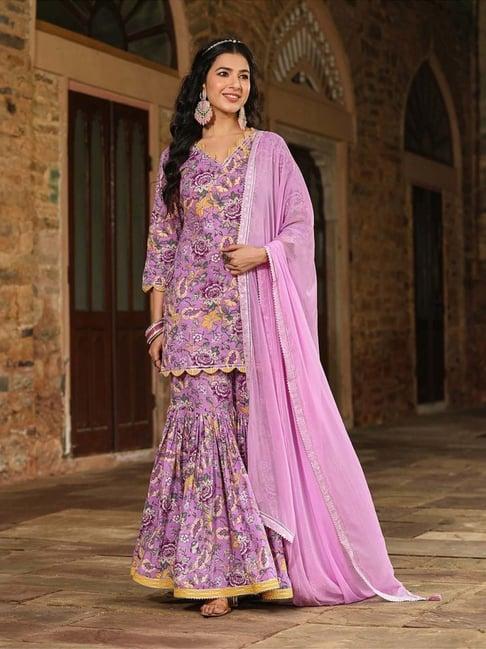 everbloom lavender neel kamal scalloped kurta with sharara and dupatta