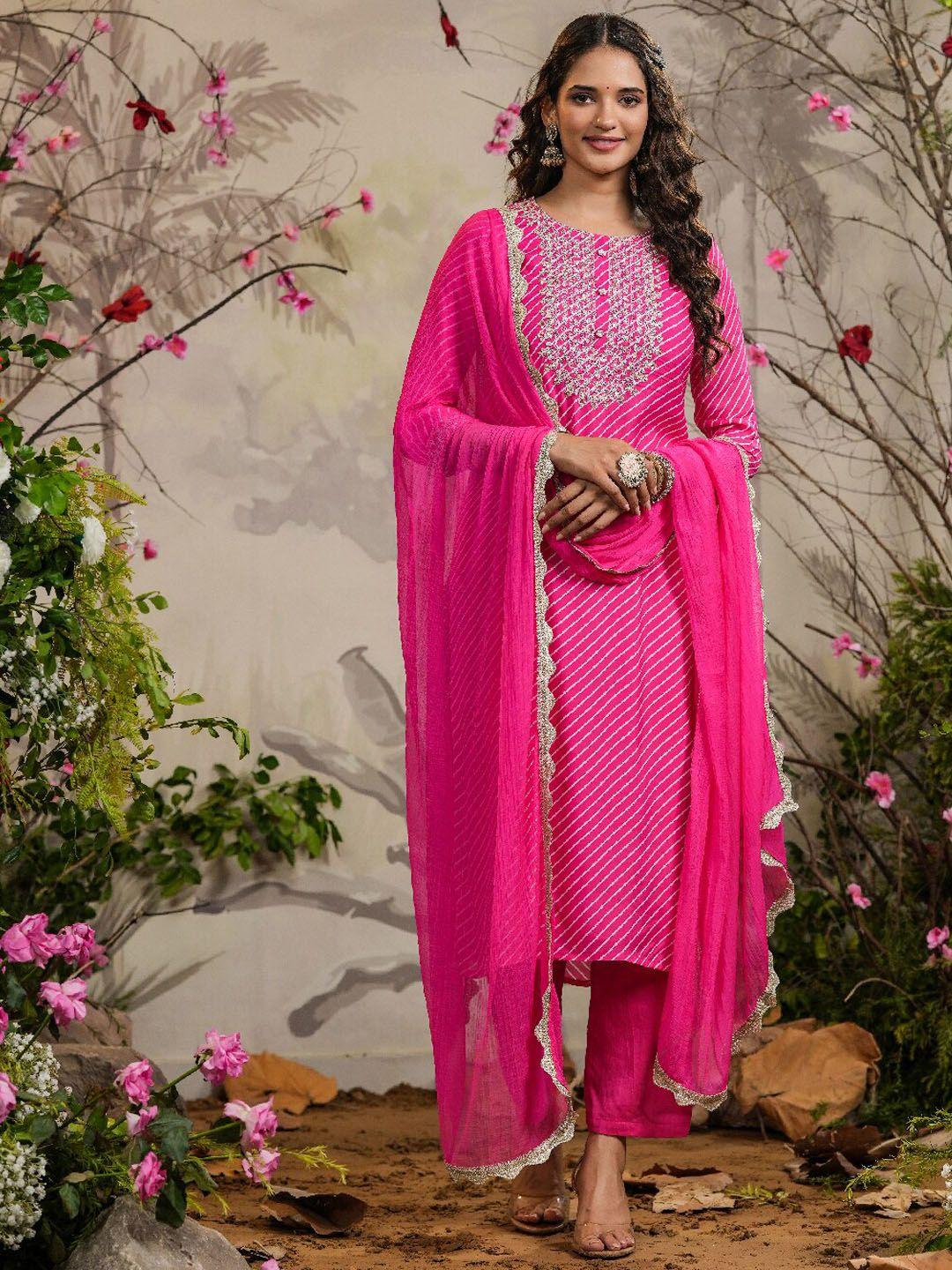 everbloom leheriya printed thread work detailed straight kurta & trousers with dupatta