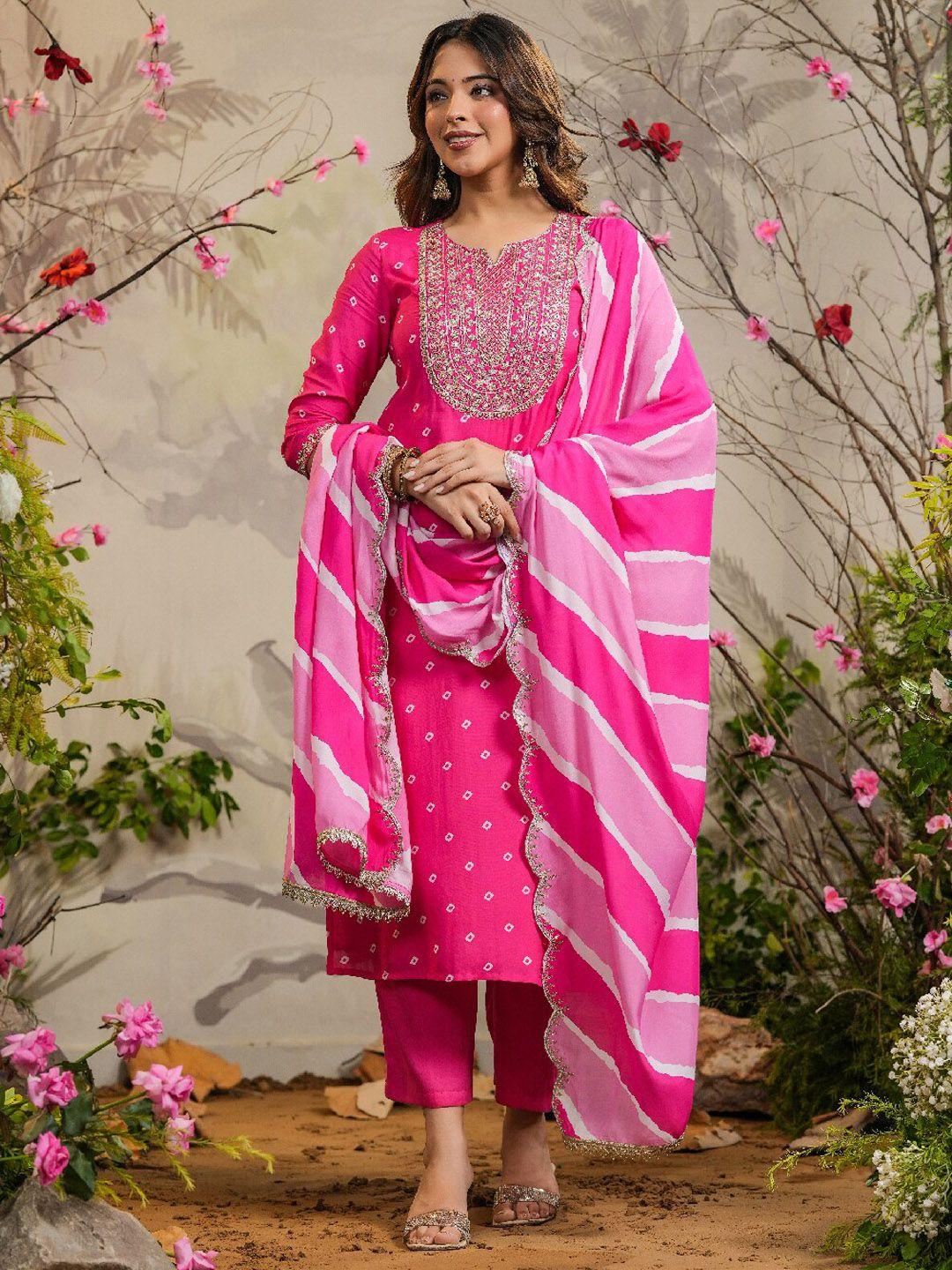 everbloom leheriya printed zari detailed kurta & trousers with dupatta