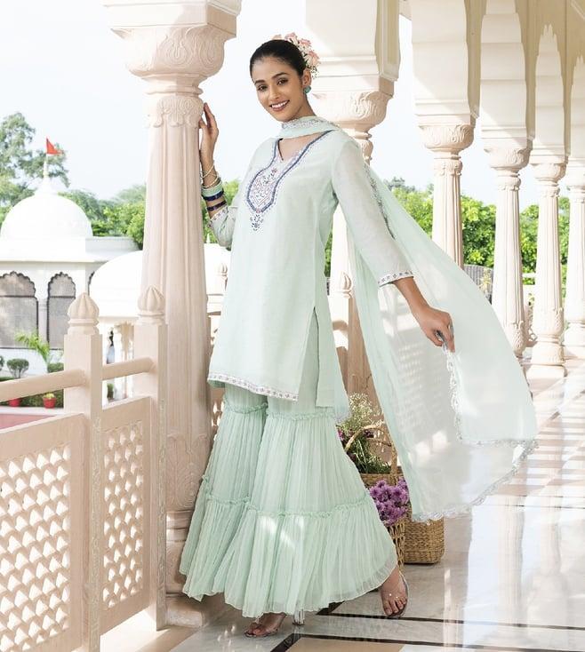 everbloom light mint sehaj embroidered straight kurta with sharara & dupatta