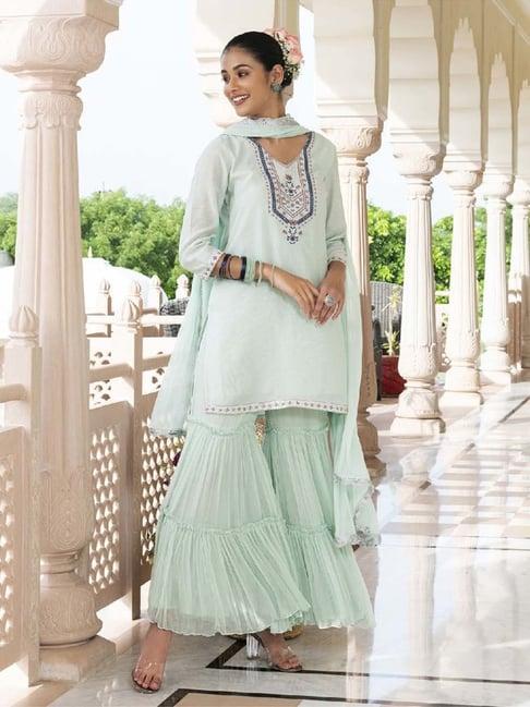 everbloom light mint sehaj embroidered straight kurta with sharara & dupatta