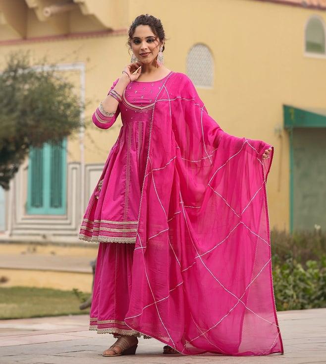 everbloom magenta saanwariya gota lace kurta with sharara and dupatta