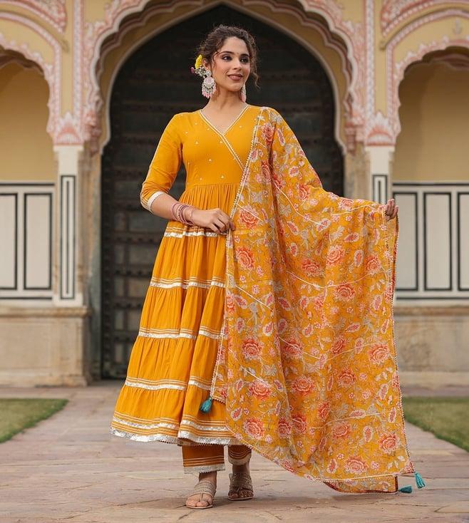 everbloom mustard tooba angrakha tiered solid suit set with pant and dupatta