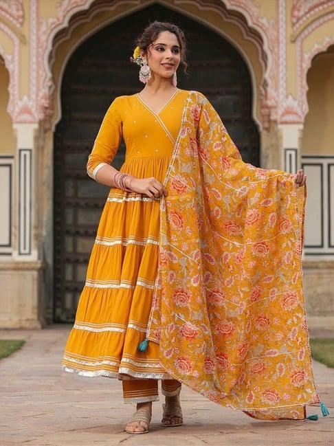 everbloom mustard tooba angrakha tiered solid suit set with pant and dupatta