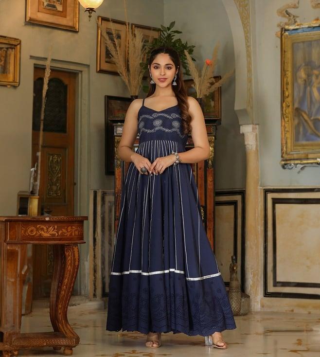 everbloom navy blue ahana embroidered flared gota lace dress
