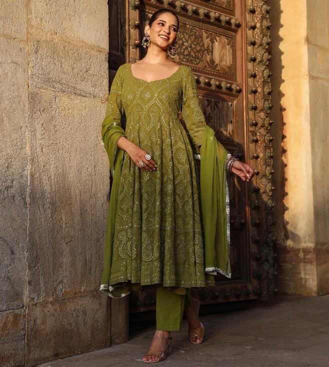 everbloom nayab olive aafreen chikankari anarkali kurta with pant with dupatta