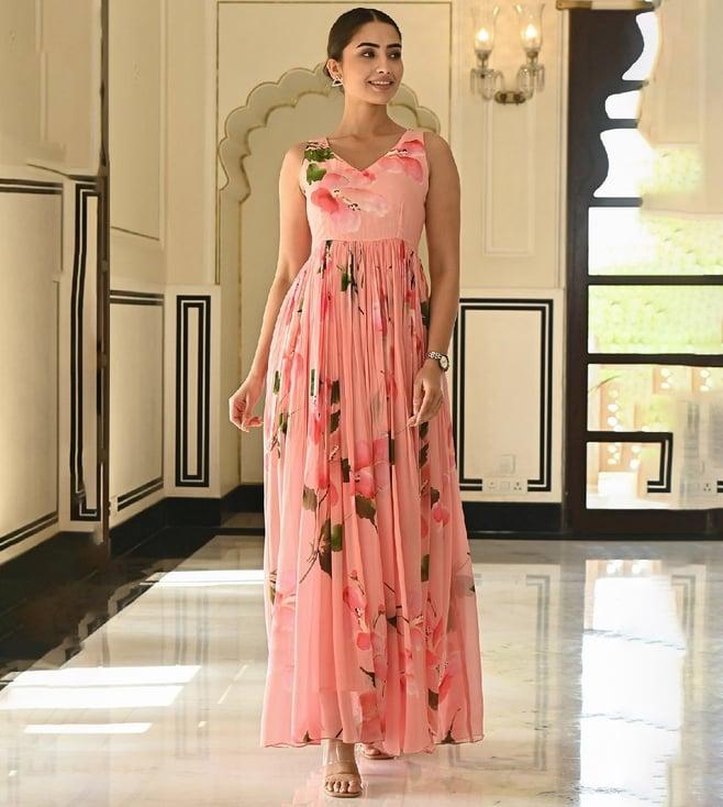 everbloom peach drupe printed pink sleeveless long dress