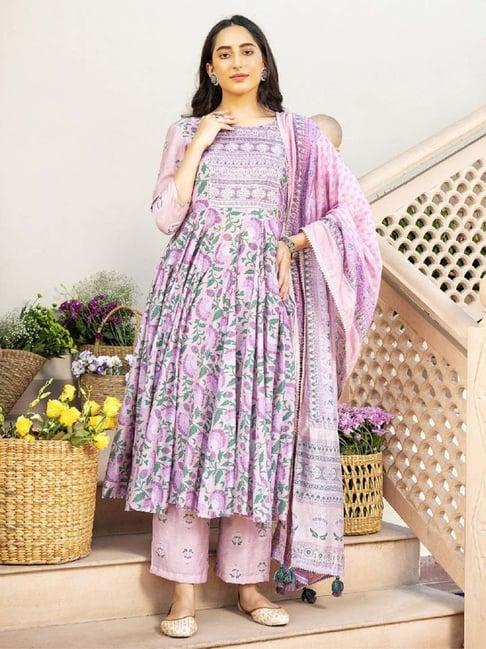 everbloom pink gulshan printed embroidered flared kurta with pant & dupatta