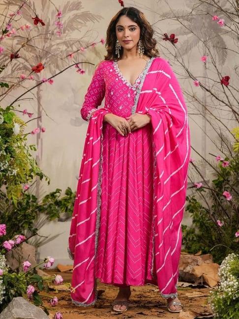 everbloom pink nisa bandhej angrkha kurti with pant & dupatta