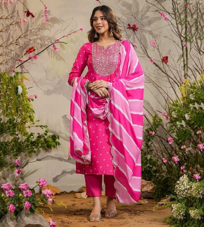 everbloom pink wira bandhej straight kurti with pant & dupatta