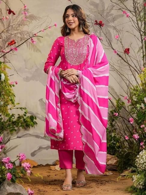 everbloom pink wira bandhej straight kurti with pant & dupatta