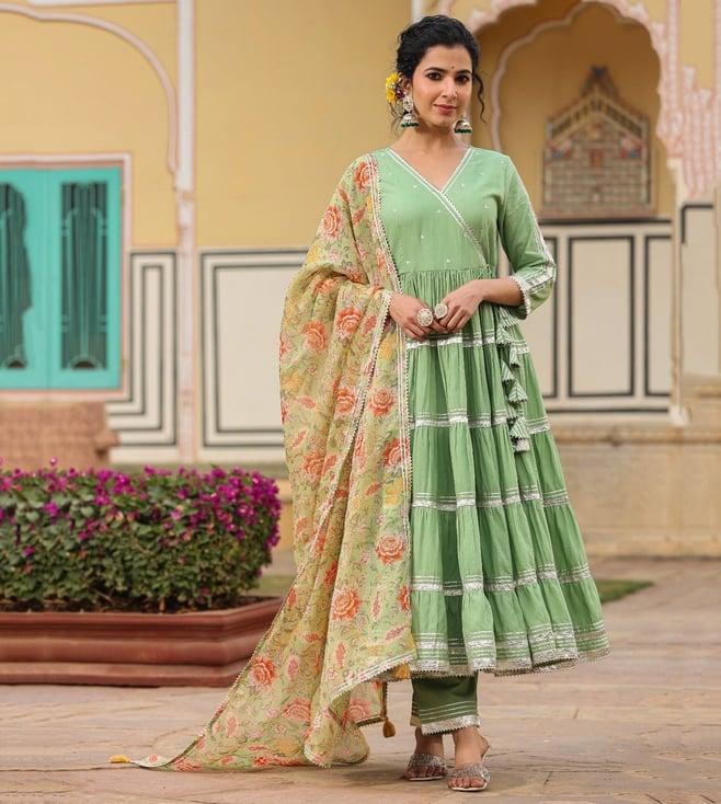 everbloom pista green zara angrakha solid tiered suit set with pant and dupatta
