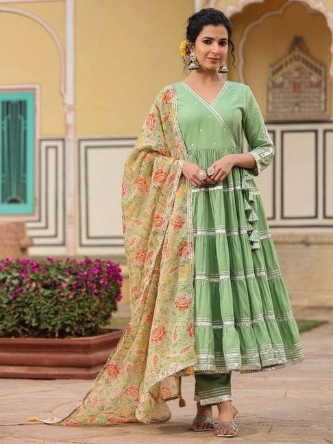 everbloom pista green zara angrakha solid tiered suit set with pant and dupatta