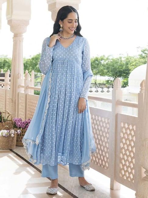 everbloom powder blue pashmeena lurex flared kurta with pant dupatta