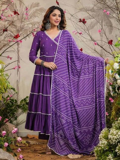everbloom purple farah solid angrakha kurti with pant & bandhej dupatta