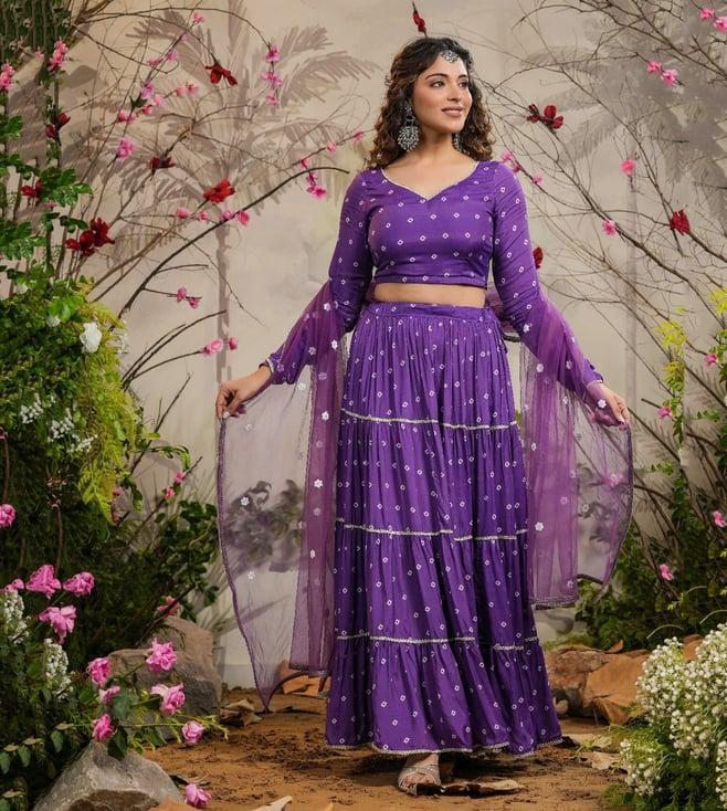 everbloom purple nimrat bandhej tiered lehenga with blouse and dupatta