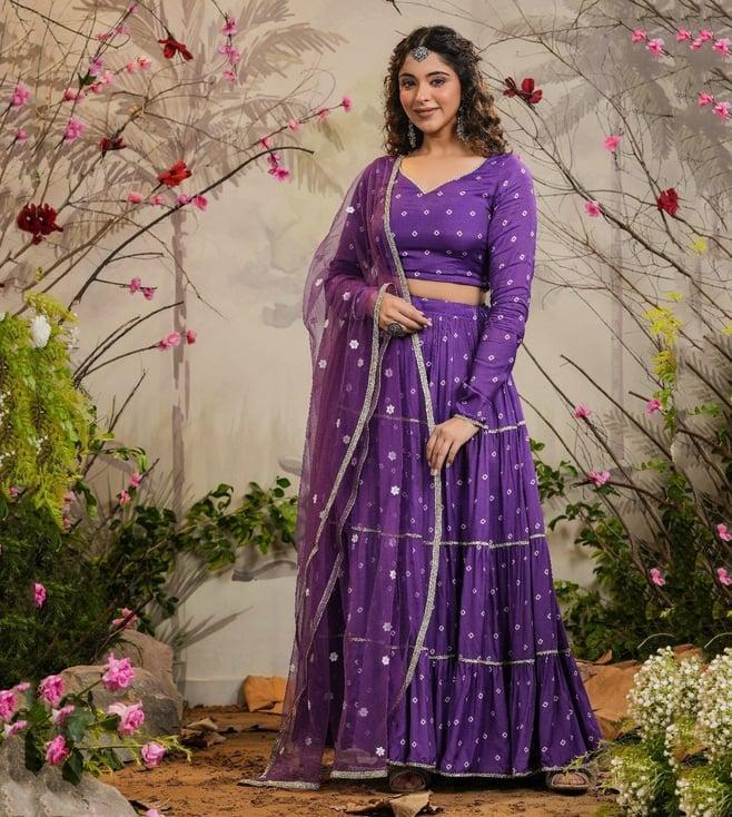 everbloom purple nimrat bandhej tiered lehenga with blouse and dupatta