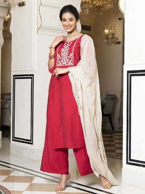 everbloom red pakhi embroidered kurta with pant & dupatta