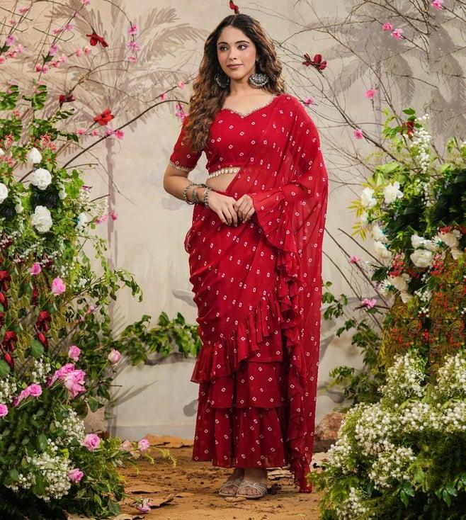 everbloom red palki bandhej pre-draped saree