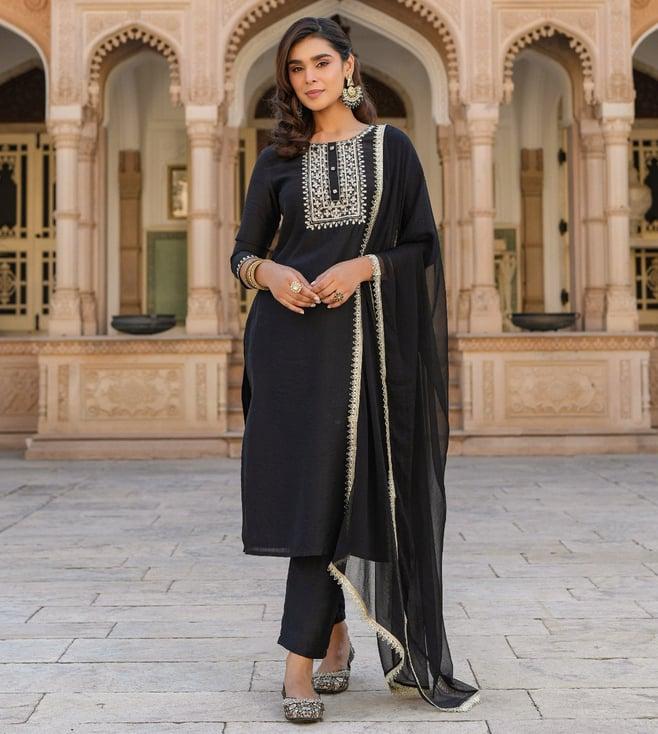 everbloom rutvi black khwaish embroidered straight kurta with pant with dupatta