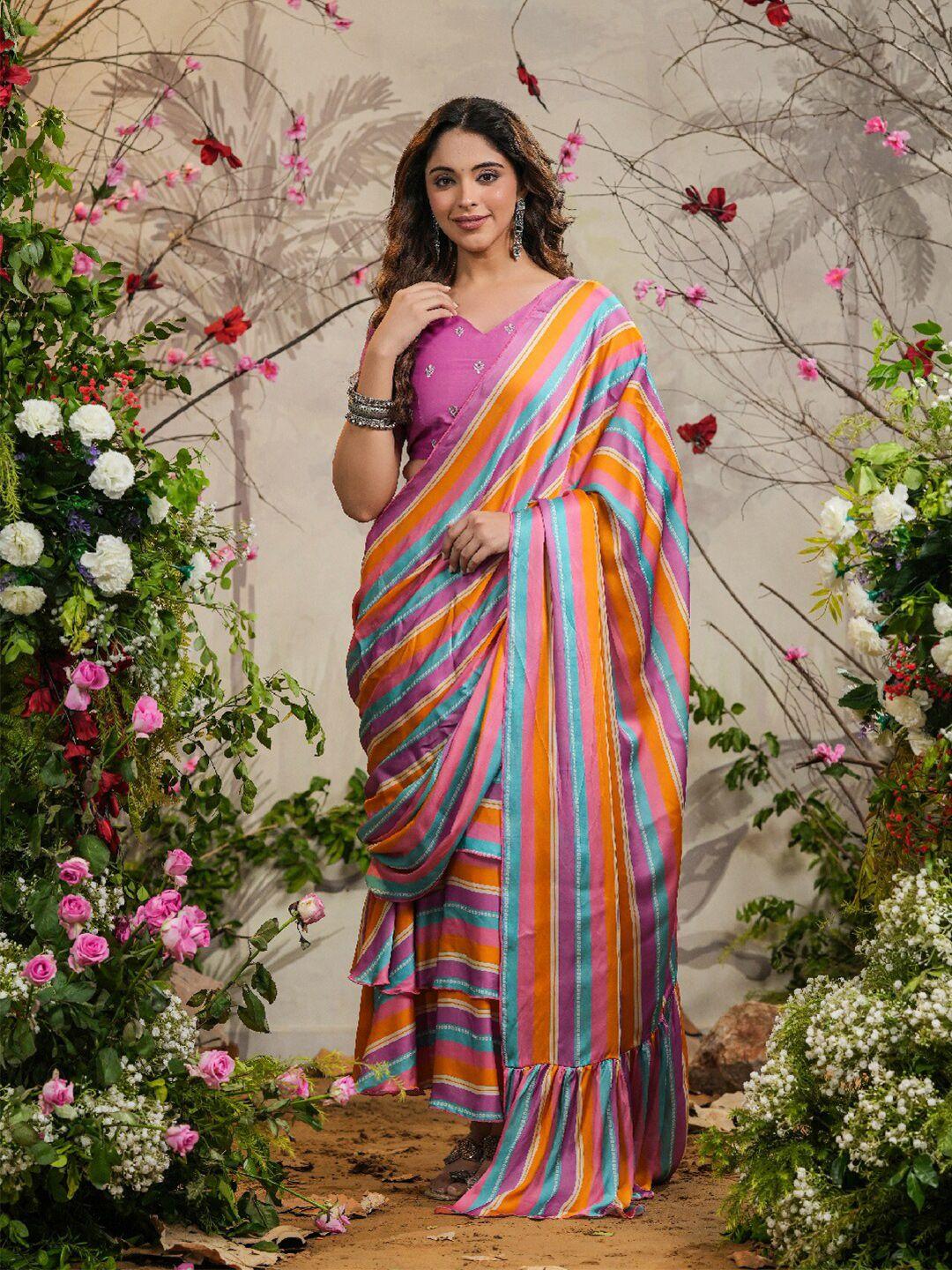 everbloom striped embroidered satin ready to wear saree