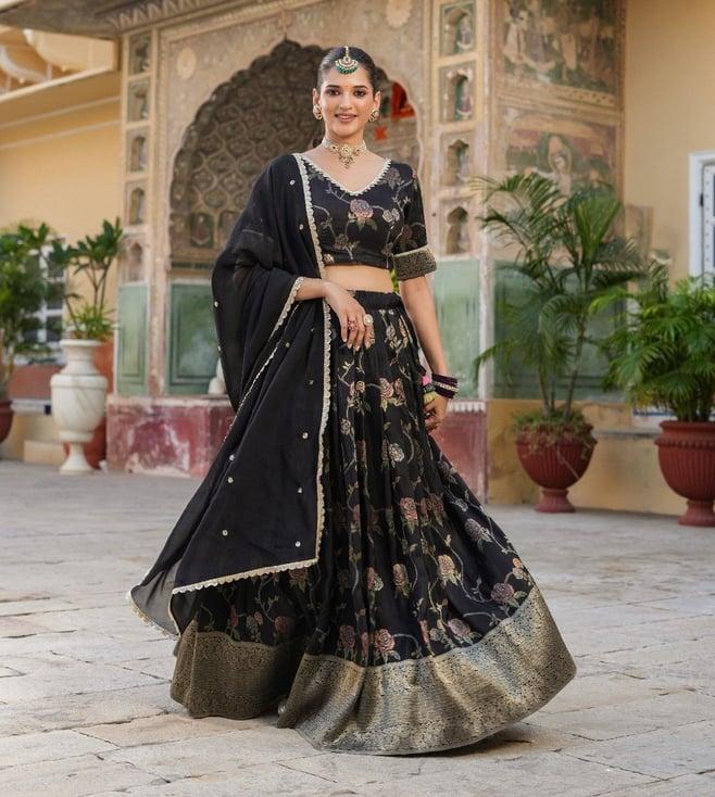 everbloom tisya black jashn floral printed jacquard lehenga set