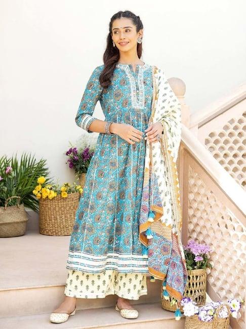 everbloom turquoise green nazreen printed embroidered flared kurta with pant & dupatta