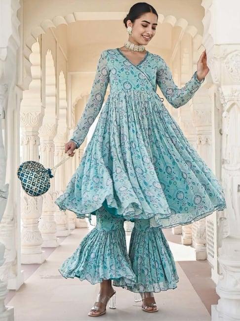 everbloom turquoise noor printed sequins angrakha flared kurta & sharara